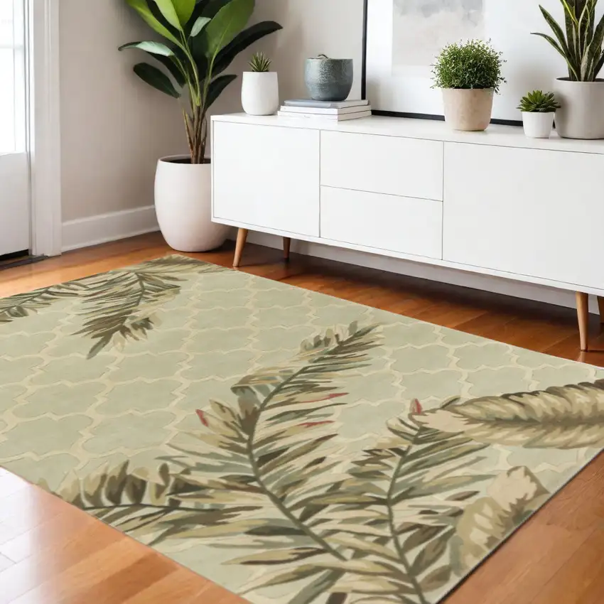 Sage Taupe And Green Wool Tropical Botanical Hand Tufted Area Rug Photo 1