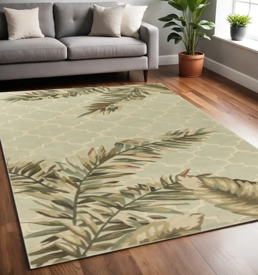 Sage Taupe And Green Wool Tropical Botanical Hand Tufted Area Rug Photo 1