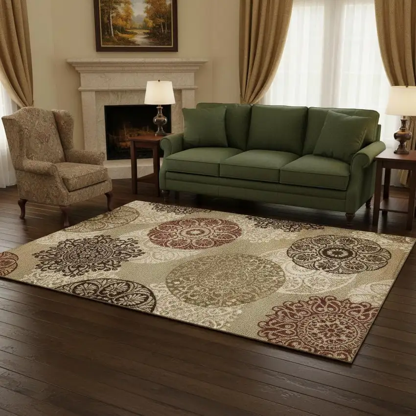 Sage Brown And Ivory Floral Medallion Area Rug Photo 1