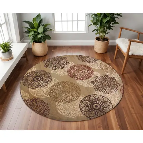 8' Sage Brown And Ivory Floral Medallion Round Rug Photo 1
