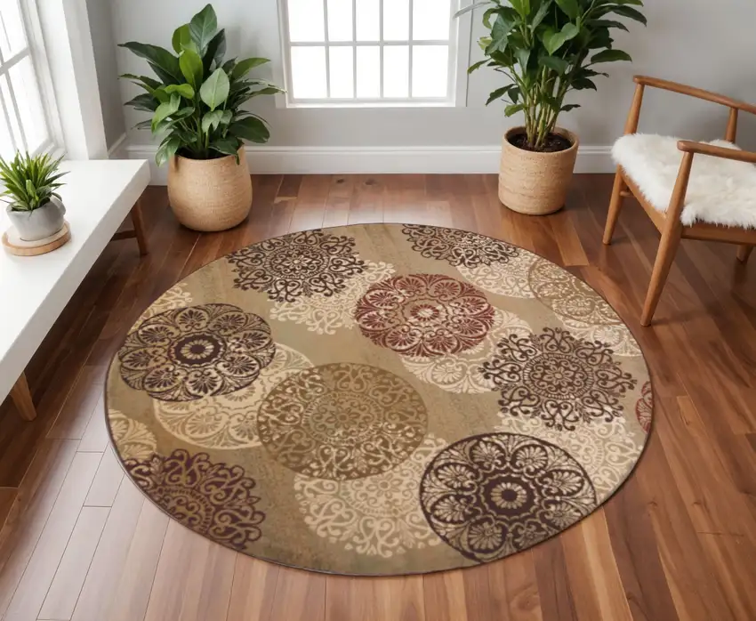 8' Sage Brown And Ivory Floral Medallion Round Rug Photo 1