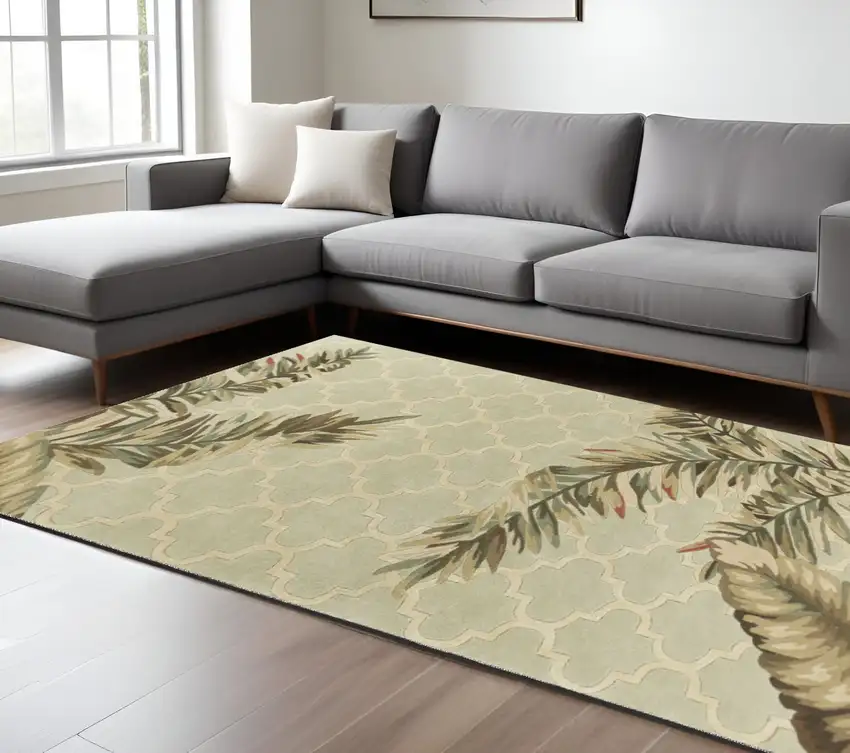 Sage Taupe And Green Wool Tropical Botanical Hand Tufted Area Rug Photo 1