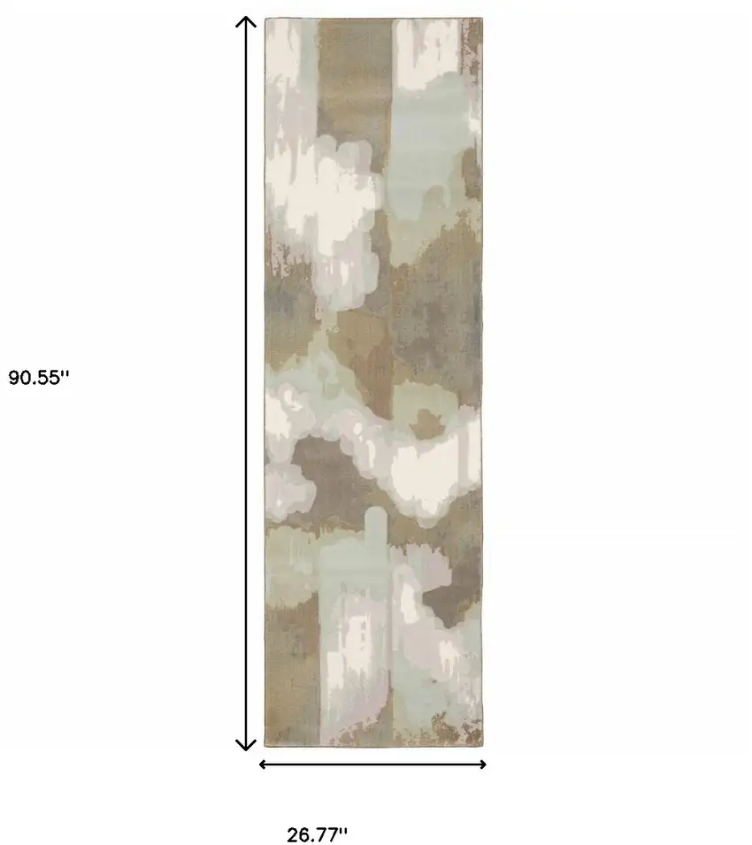 Sage Grey And Brown Abstract Power Loom Stain Resistant Runner Rug Photo 8