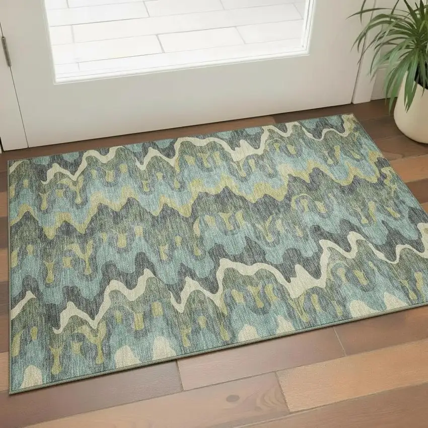 Sage Ivory And Beige Abstract Washable Area Rug With UV Protection Photo 1
