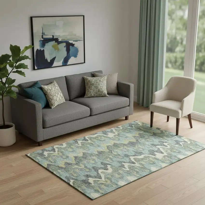 Sage Ivory And Beige Abstract Washable Area Rug With UV Protection Photo 1