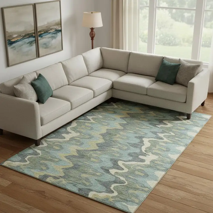 Sage Ivory And Beige Abstract Washable Area Rug With UV Protection Photo 1
