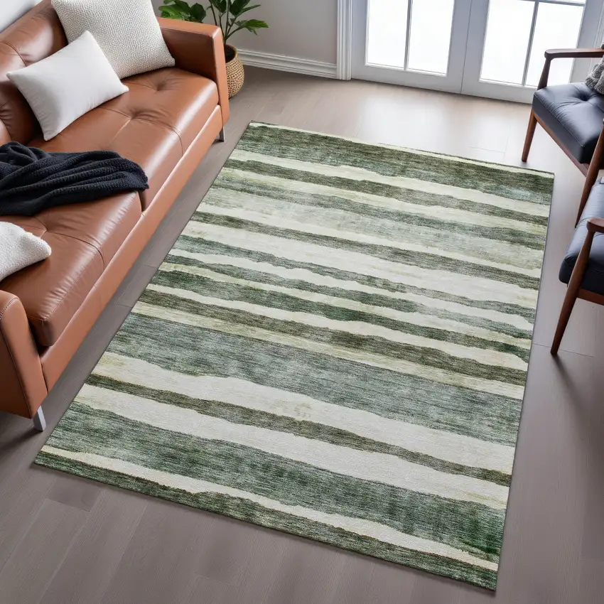 Sage Ivory And Beige Striped Washable Area Rug With UV Protection Photo 5