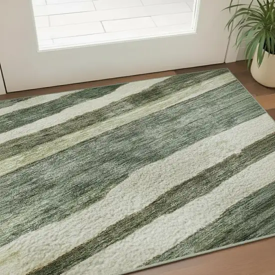 Sage Ivory And Beige Striped Washable Area Rug With UV Protection Photo 2