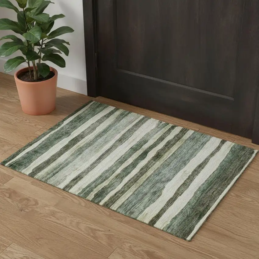 Sage Ivory And Beige Striped Washable Area Rug With UV Protection Photo 1