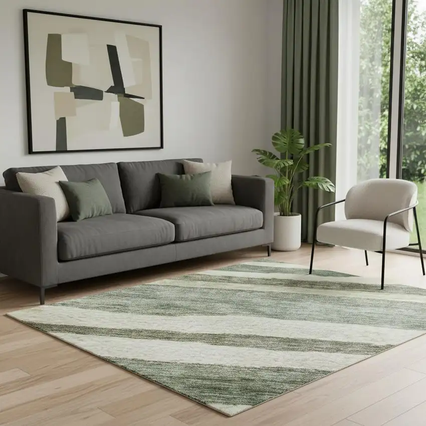 Sage Ivory And Beige Striped Washable Area Rug With UV Protection Photo 2