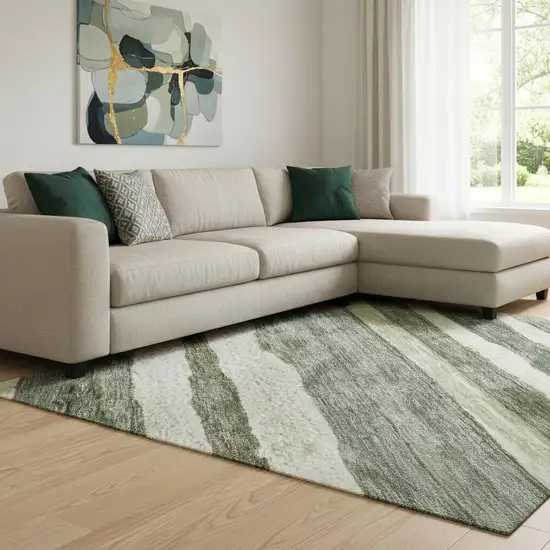 Sage Ivory And Beige Striped Washable Area Rug With UV Protection Photo 2