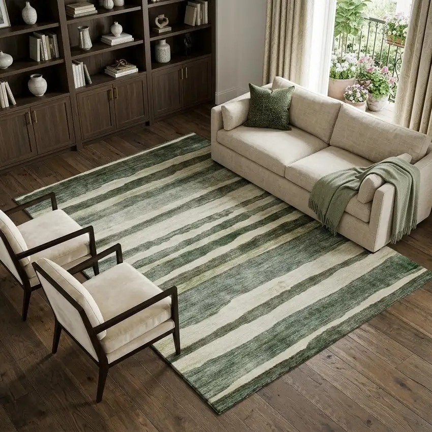 Sage Ivory And Beige Striped Washable Area Rug With UV Protection Photo 1