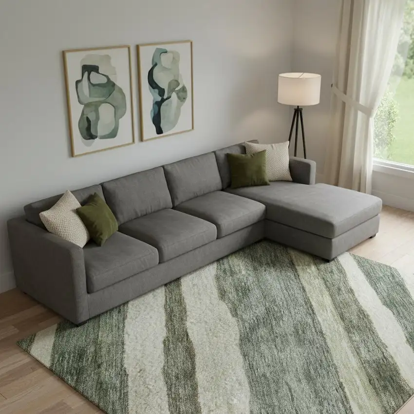 Sage Ivory And Beige Striped Washable Area Rug With UV Protection Photo 2