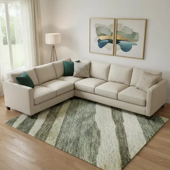 Sage Ivory And Beige Striped Washable Area Rug With UV Protection Photo 2