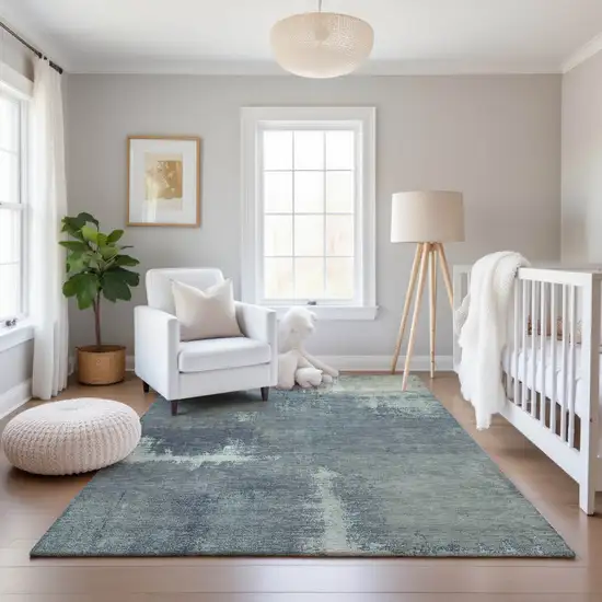 Sage Ivory And Blue Abstract Washable Area Rug With UV Protection Photo 5