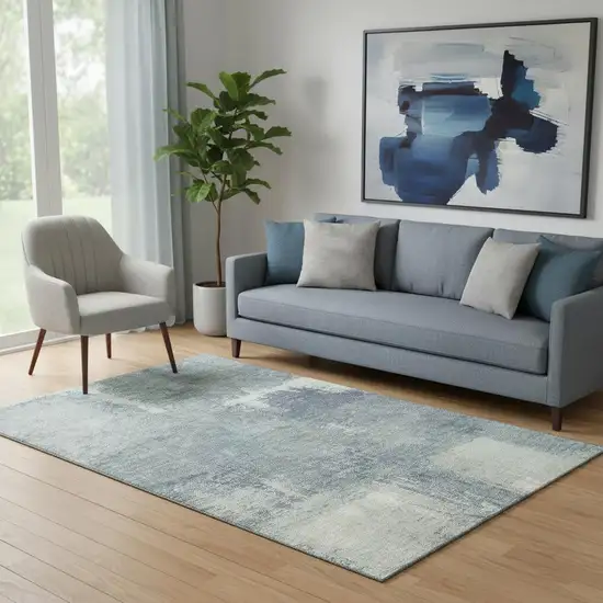Sage Ivory And Blue Abstract Washable Area Rug With UV Protection Photo 2