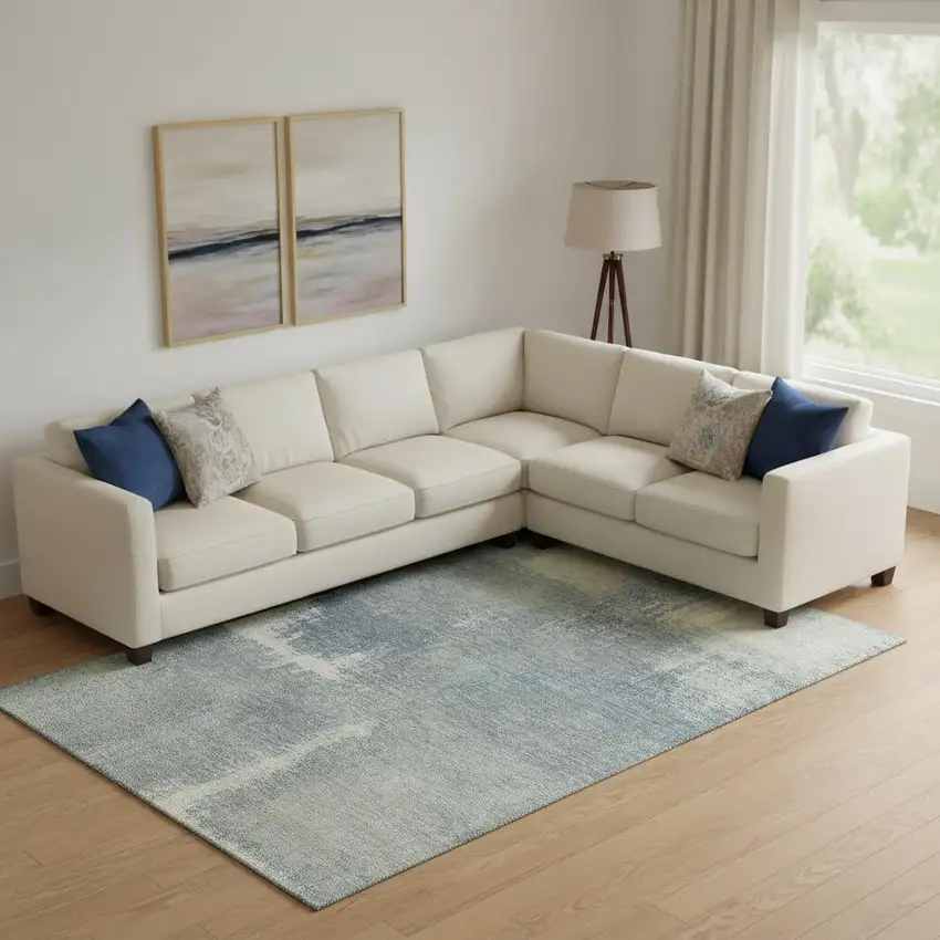 Sage Ivory And Blue Abstract Washable Area Rug With UV Protection Photo 2