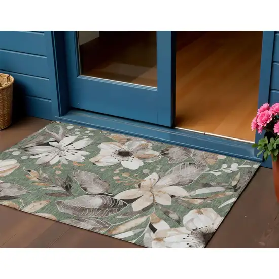 Sage Ivory And Charcoal Floral Washable Indoor Outdoor Area Rug Photo 1