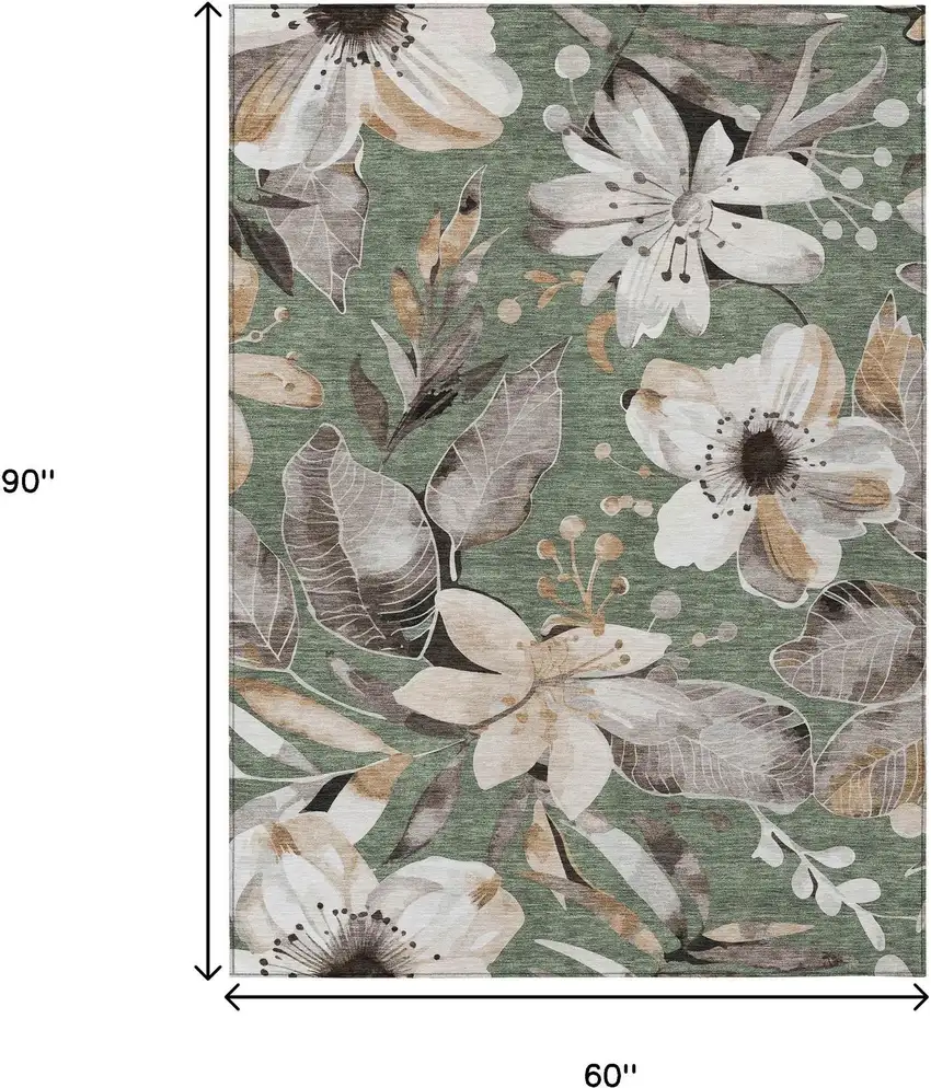 Sage Ivory And Charcoal Floral Washable Indoor Outdoor Area Rug Photo 3