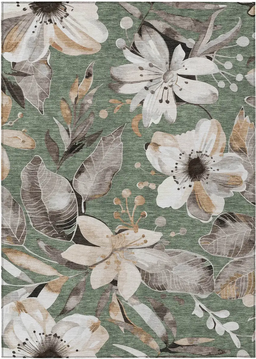 Sage Ivory And Charcoal Floral Washable Indoor Outdoor Area Rug Photo 2