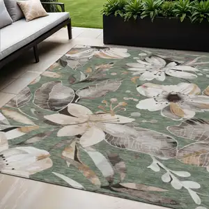 Photo of Sage Ivory And Charcoal Floral Washable Indoor Outdoor Area Rug