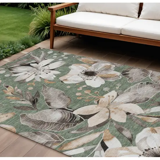 Sage Ivory And Charcoal Floral Washable Indoor Outdoor Area Rug Photo 1