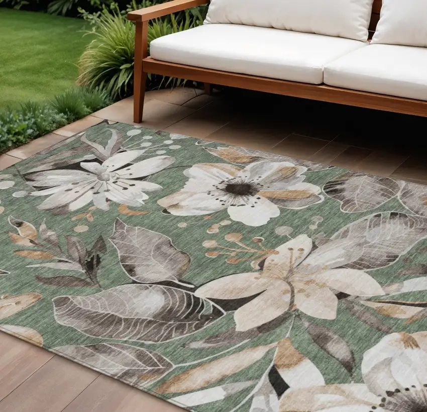 Sage Ivory And Charcoal Floral Washable Indoor Outdoor Area Rug Photo 1
