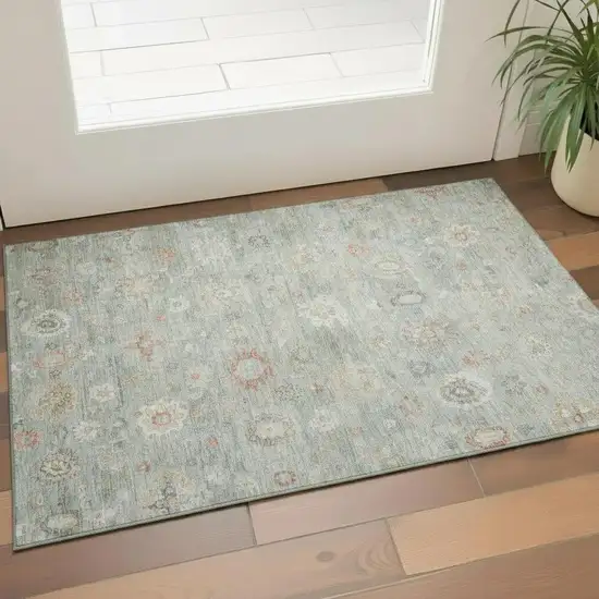 Sage Ivory And Copper Damask Washable Area Rug With UV Protection Photo 2