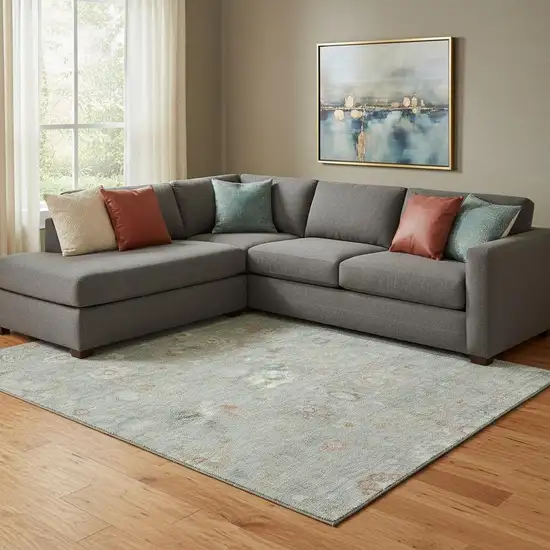 Sage Ivory And Copper Damask Washable Area Rug With UV Protection Photo 2