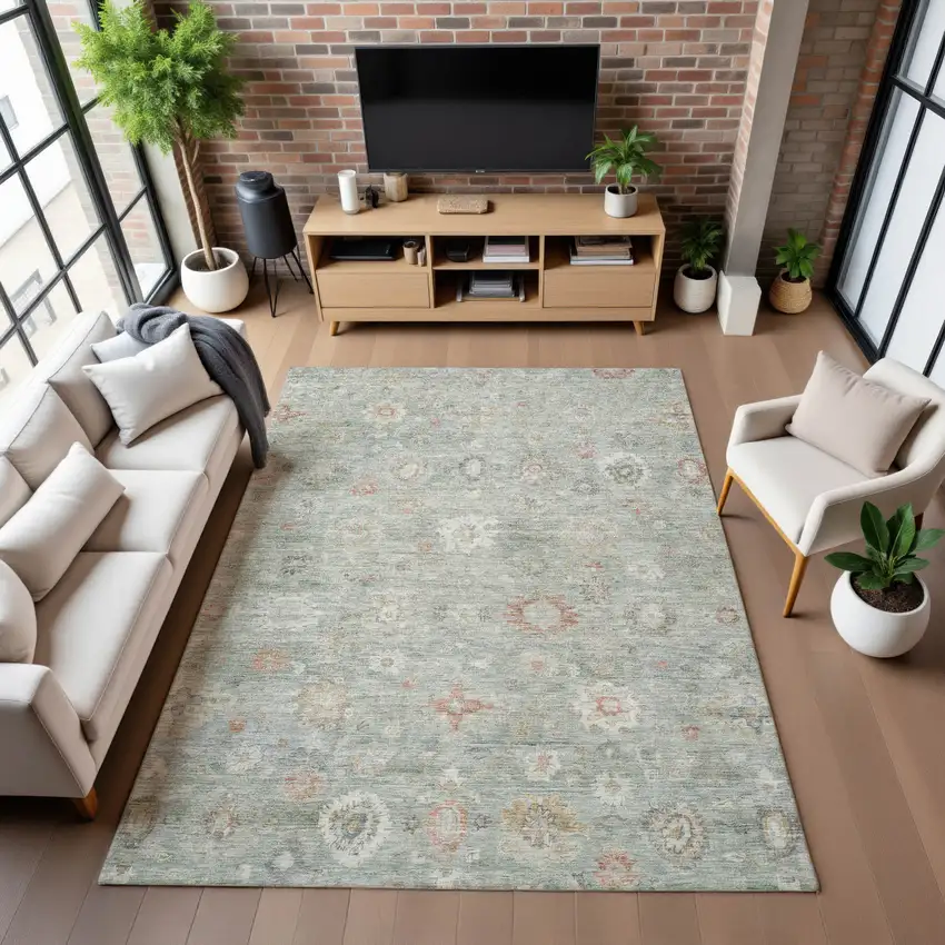 Sage Ivory And Copper Damask Washable Area Rug With UV Protection Photo 4