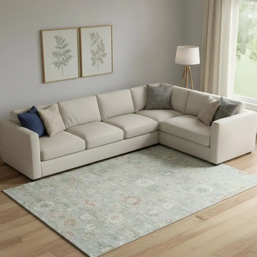 Sage Ivory And Copper Damask Washable Area Rug With UV Protection Photo 2