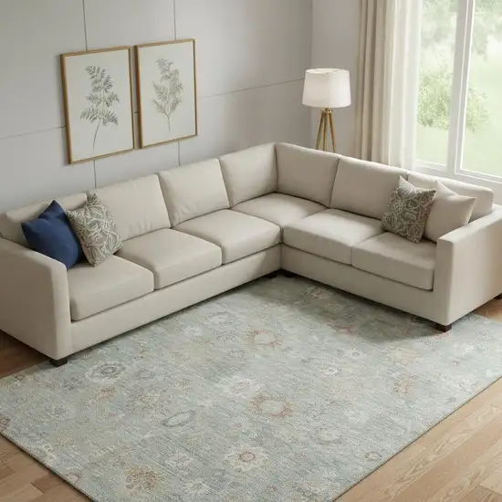 Sage Ivory And Copper Damask Washable Area Rug With UV Protection Photo 2