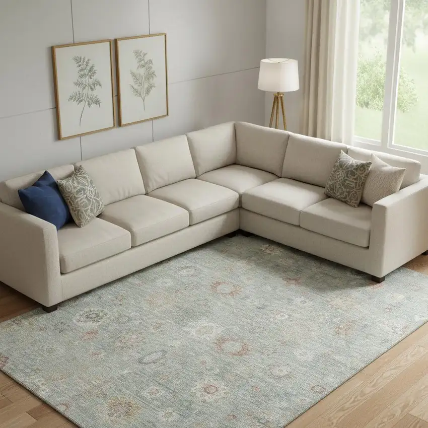 Sage Ivory And Copper Damask Washable Area Rug With UV Protection Photo 2