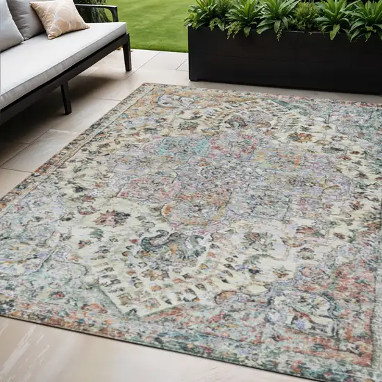 Sage Ivory And Copper Floral Medallion Washable Indoor Outdoor Area Rug Photo 2