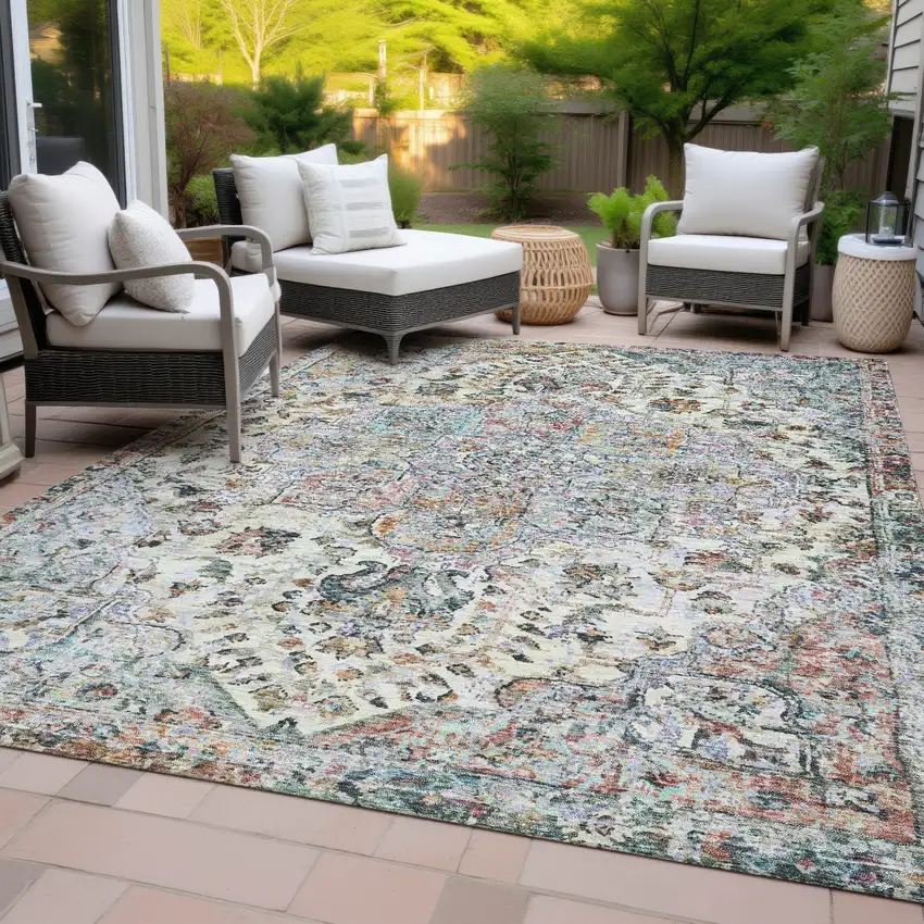Sage Ivory And Copper Floral Medallion Washable Indoor Outdoor Area Rug Photo 8