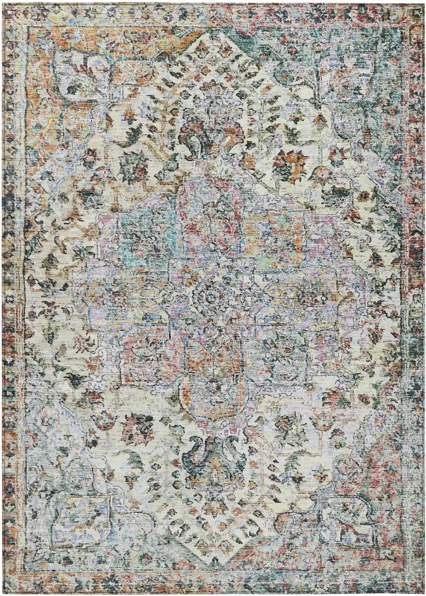 Sage Ivory And Copper Floral Medallion Washable Indoor Outdoor Area Rug Photo 1