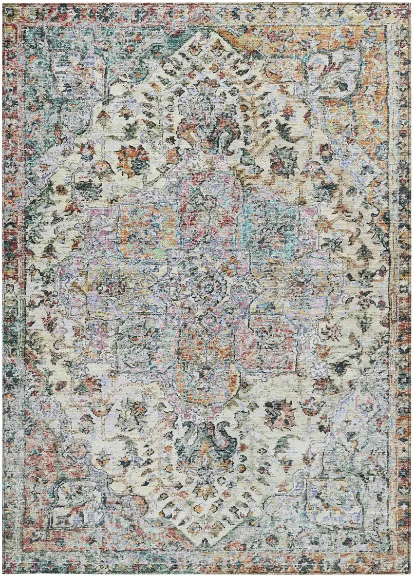 Sage Ivory And Copper Floral Medallion Washable Indoor Outdoor Area Rug Photo 3