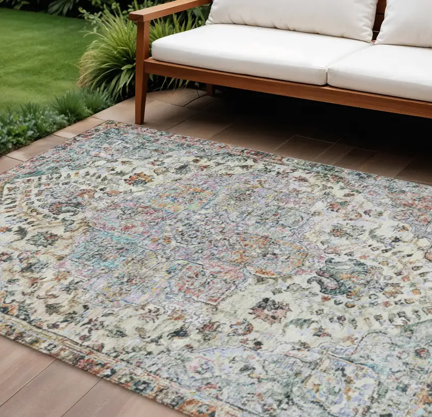 Sage Ivory And Copper Floral Medallion Washable Indoor Outdoor Area Rug Photo 2