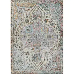 Photo of Sage Ivory And Copper Floral Medallion Washable Indoor Outdoor Area Rug