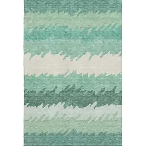Photo of Sage Ivory And Emerald Striped Washable Area Rug With UV Protection