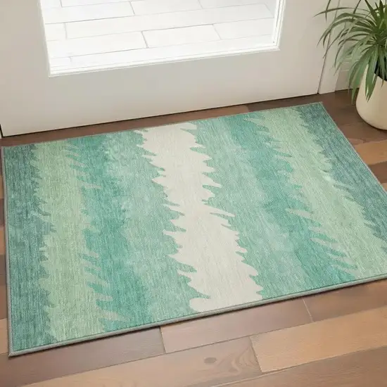 Sage Ivory And Emerald Striped Washable Area Rug With UV Protection Photo 2