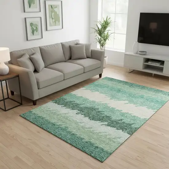 Sage Ivory And Emerald Striped Washable Area Rug With UV Protection Photo 2