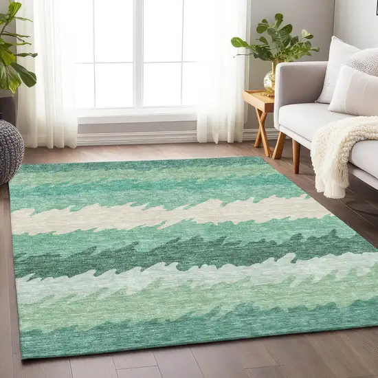 Sage Ivory And Emerald Striped Washable Area Rug With UV Protection Photo 5