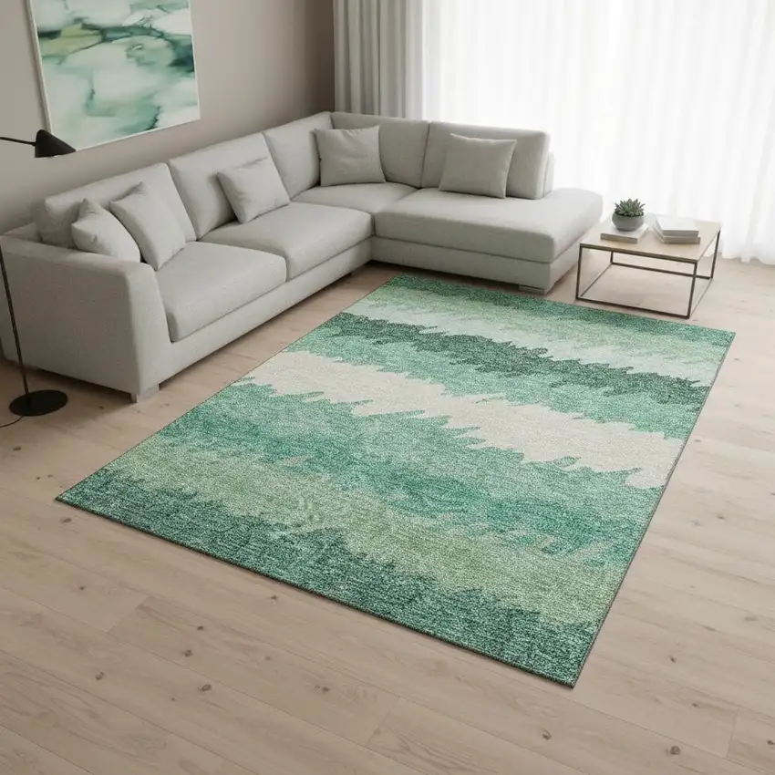 Sage Ivory And Emerald Striped Washable Area Rug With UV Protection Photo 2