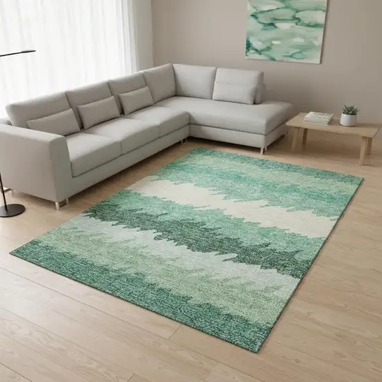 Sage Ivory And Emerald Striped Washable Area Rug With UV Protection Photo 2