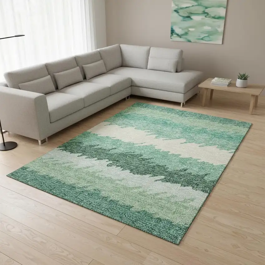 Sage Ivory And Emerald Striped Washable Area Rug With UV Protection Photo 2