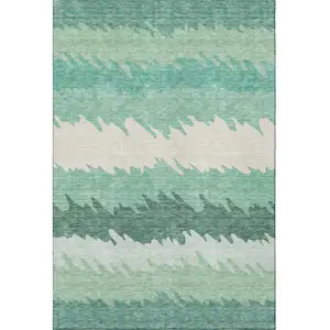 Photo of Sage Ivory And Emerald Striped Washable Area Rug With UV Protection