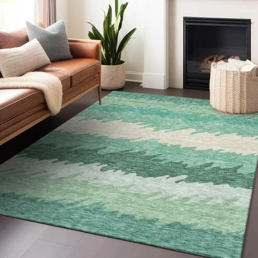 Sage Ivory And Emerald Striped Washable Area Rug With UV Protection Photo 5