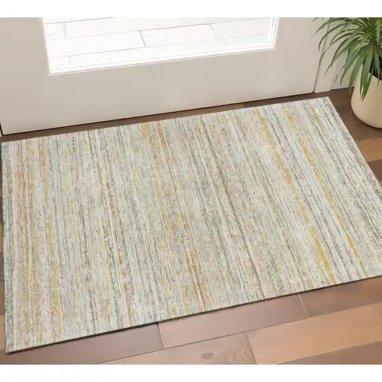 Sage Ivory And Gold Striped Washable Area Rug With UV Protection Photo 1