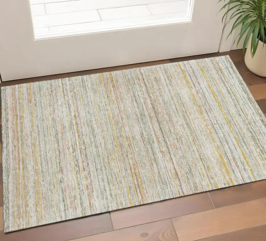 Sage Ivory And Gold Striped Washable Area Rug With UV Protection Photo 1